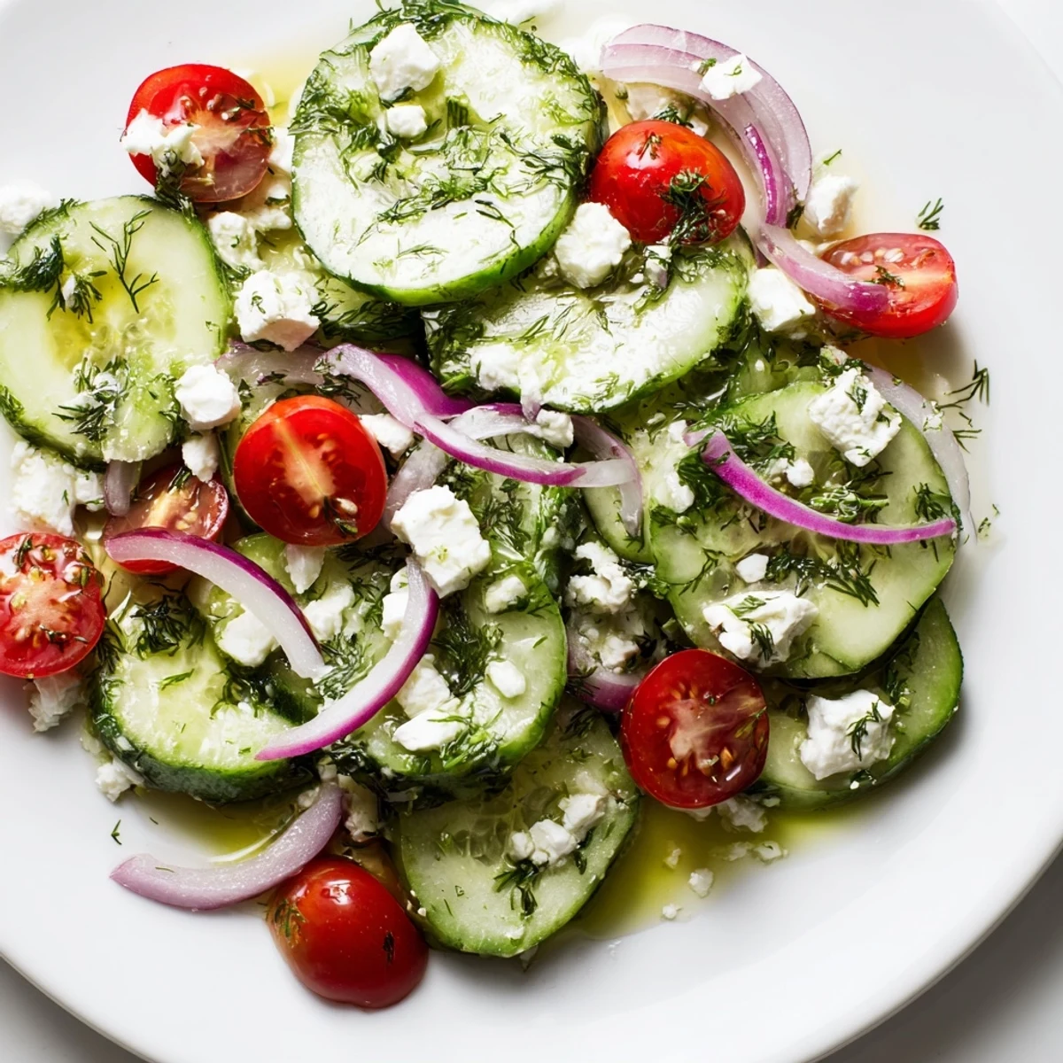 Feta cucumber herb salad drizzled with tangy lemon olive oil dressing, served as a refreshing side