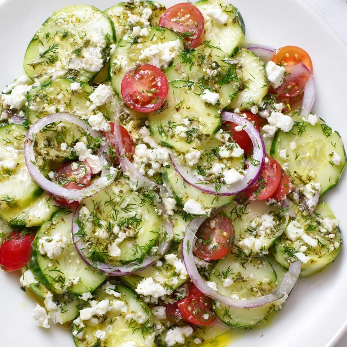 Creamy feta cucumber herb salad topped with juicy tomatoes and fragrant fresh dill