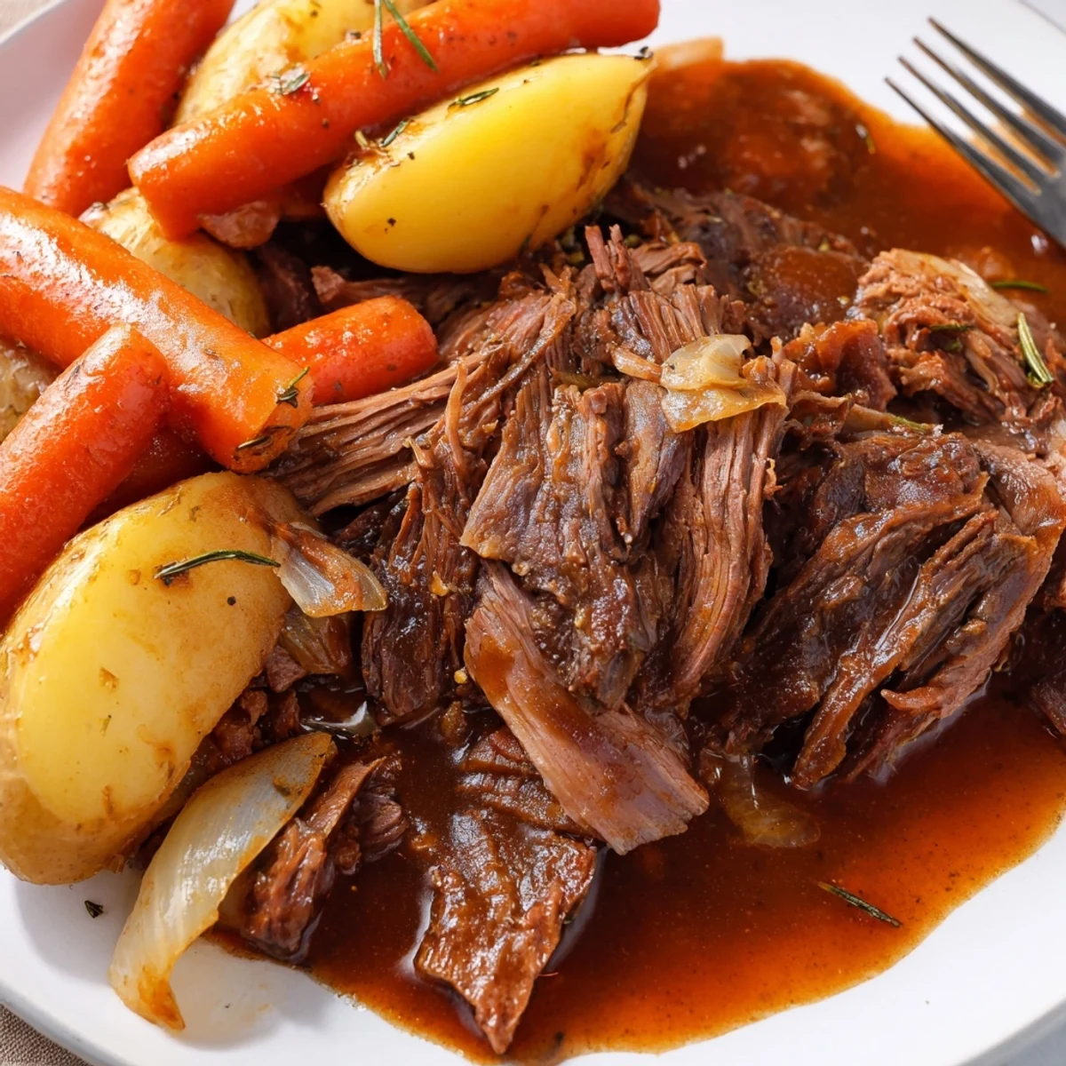 Perfect pot roast sliced thick with fork-tender vegetables and savory pan gravy