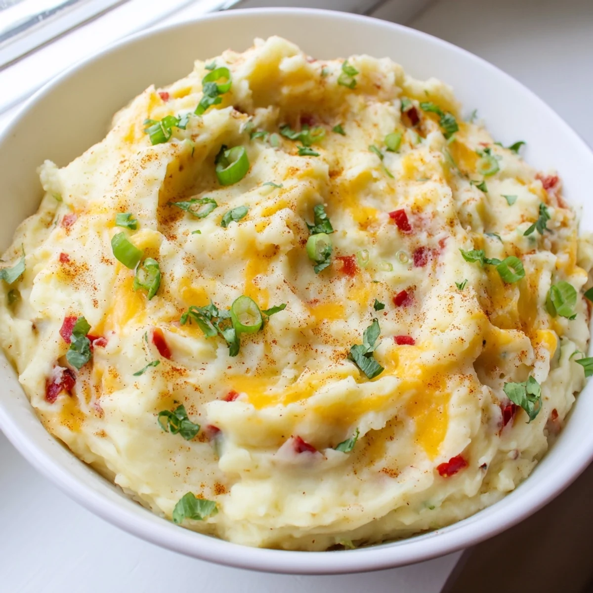 Creamy Tex Mex mashed potatoes topped with melted cheddar and fresh cilantro