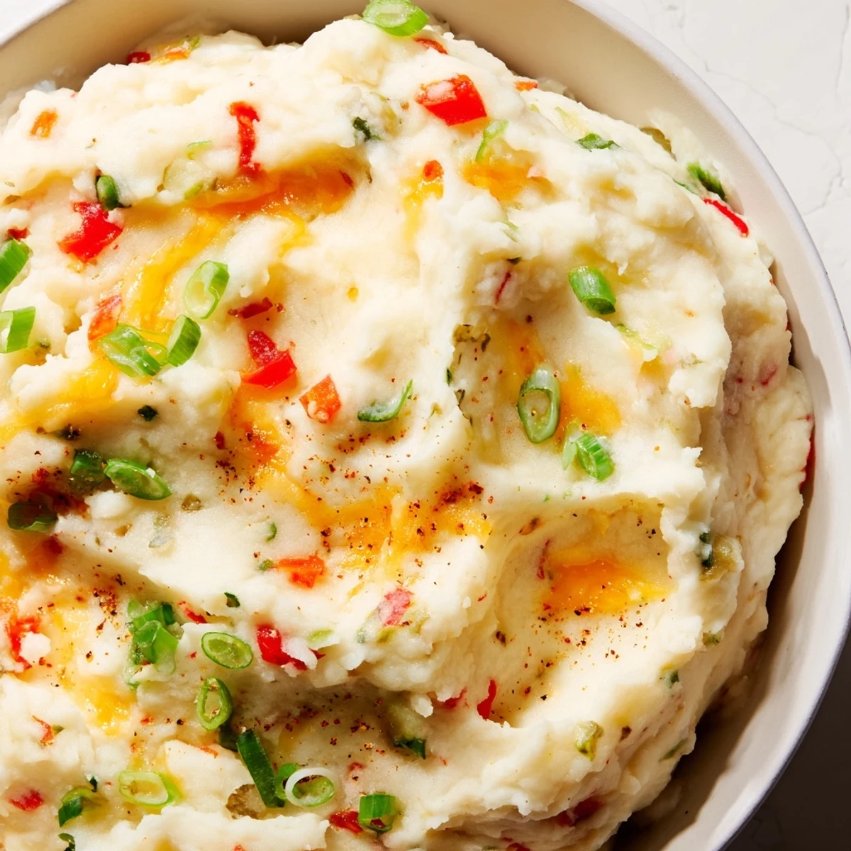 Golden Tex Mex mashed potatoes served in a rustic bowl with jalapeño garnish