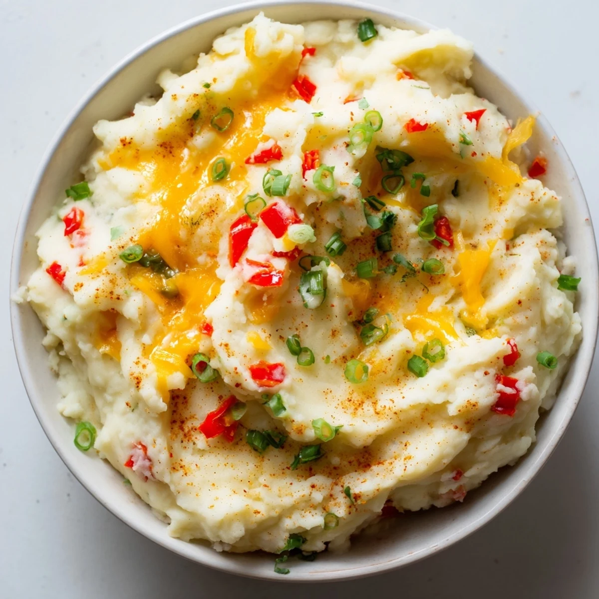 Smooth Tex Mex mashed potatoes studded with diced peppers and melted cheese