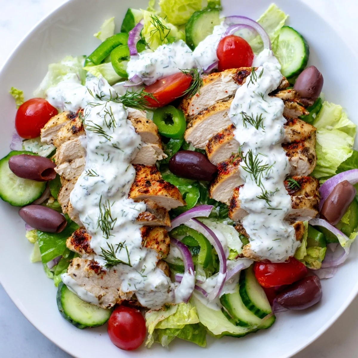 Juicy sliced grilled chicken tops a crisp Greek chicken salad with creamy whipped feta dressing