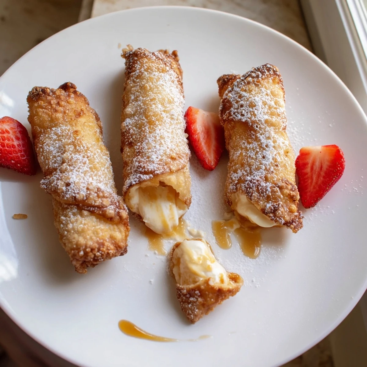 Crispy golden cheesecake egg rolls dusted with powdered sugar on a rustic plate