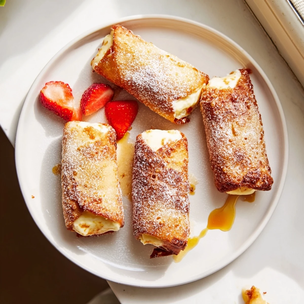 Creamy cheesecake egg rolls arranged on a platter alongside fresh strawberries and chocolate sauce