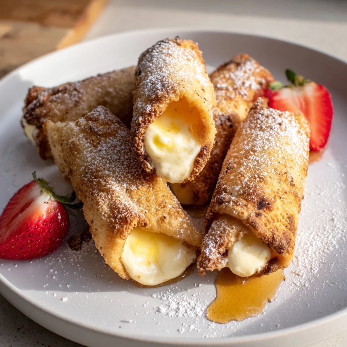 Fried cheesecake egg rolls with crunchy wrappers oozing warm cream cheese filling