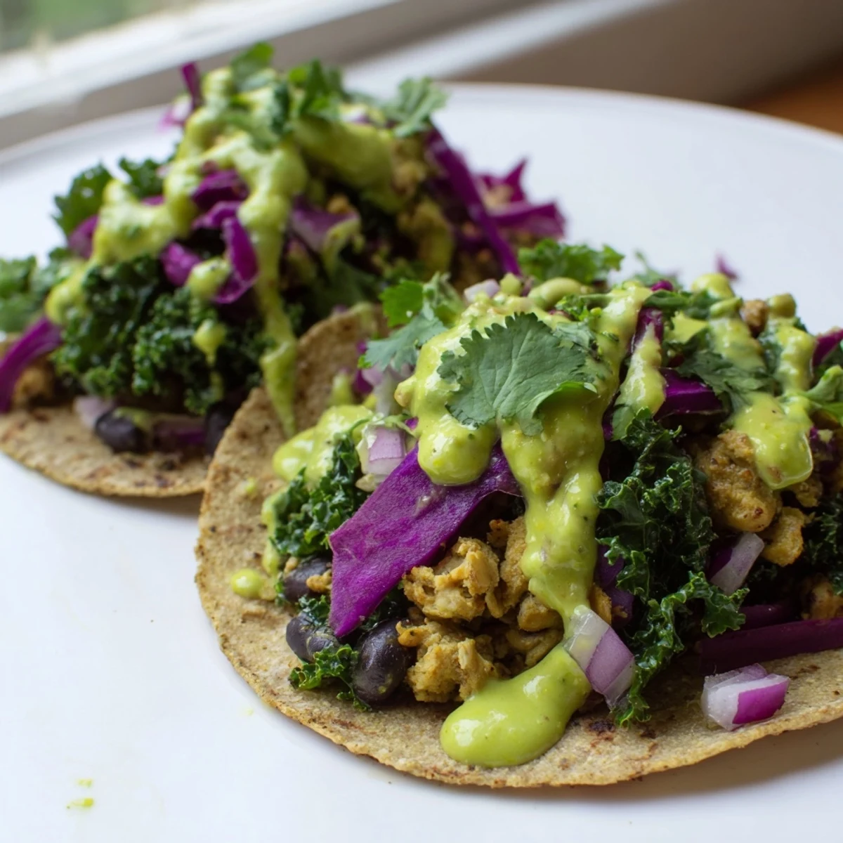 Warm smoky black bean kale tacos drizzled with vibrant creamy green sauce on corn tortillas