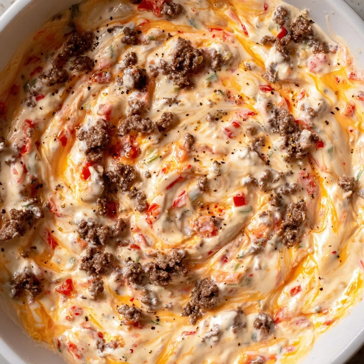 Bubbling Crockpot Rotel Dip topped with zesty tomatoes and melted cheese
