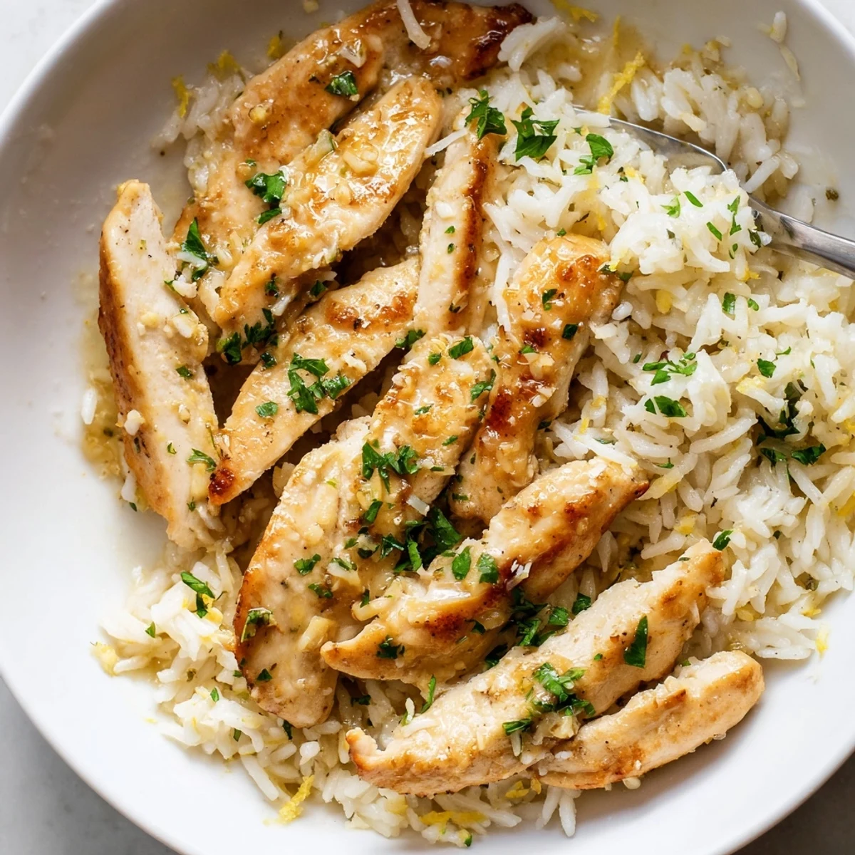 Golden chicken scampi with garlic parmesan rice drizzled in tangy lemon butter sauce