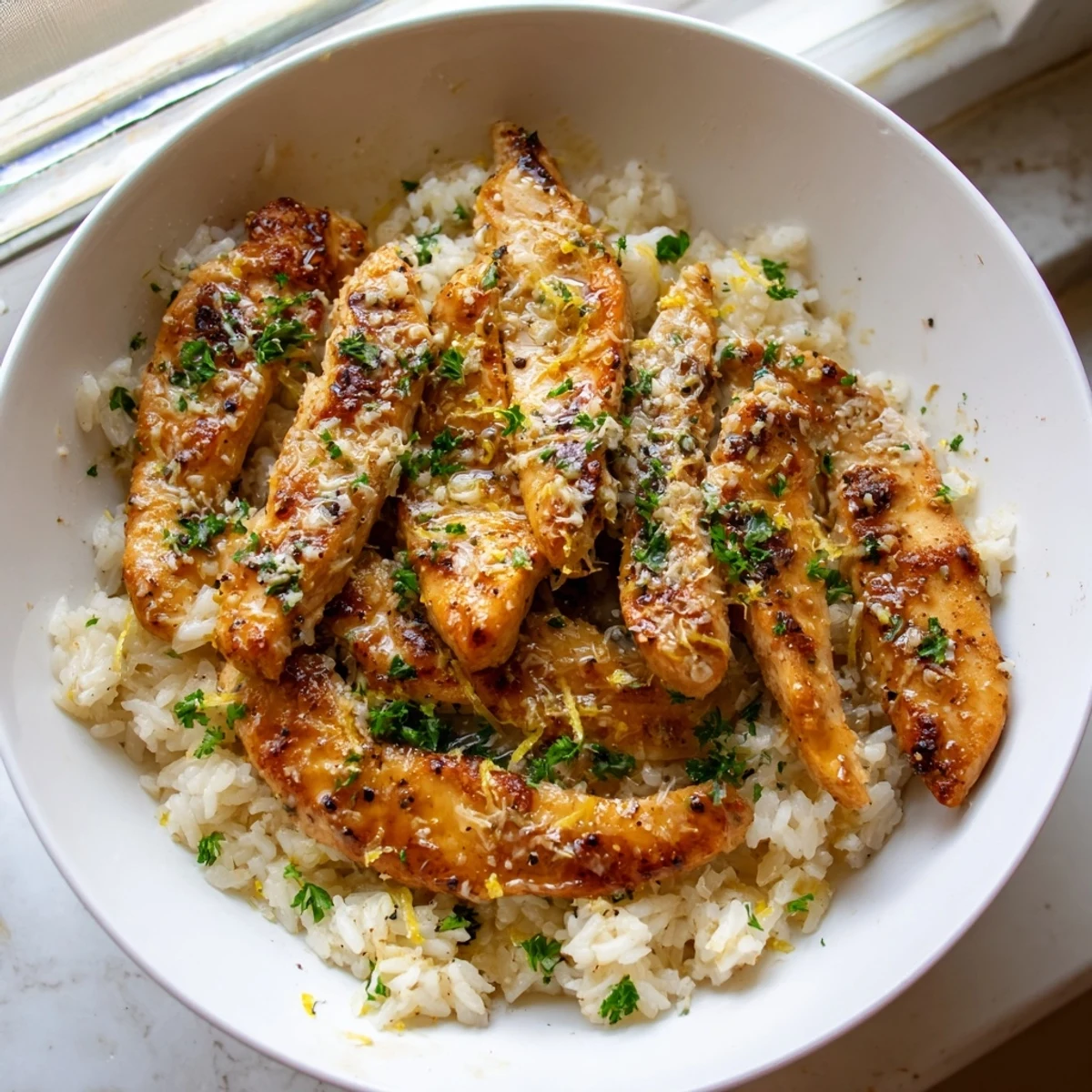 Juicy chicken scampi nestled on buttery garlic parmesan rice garnished with shaved parmesan