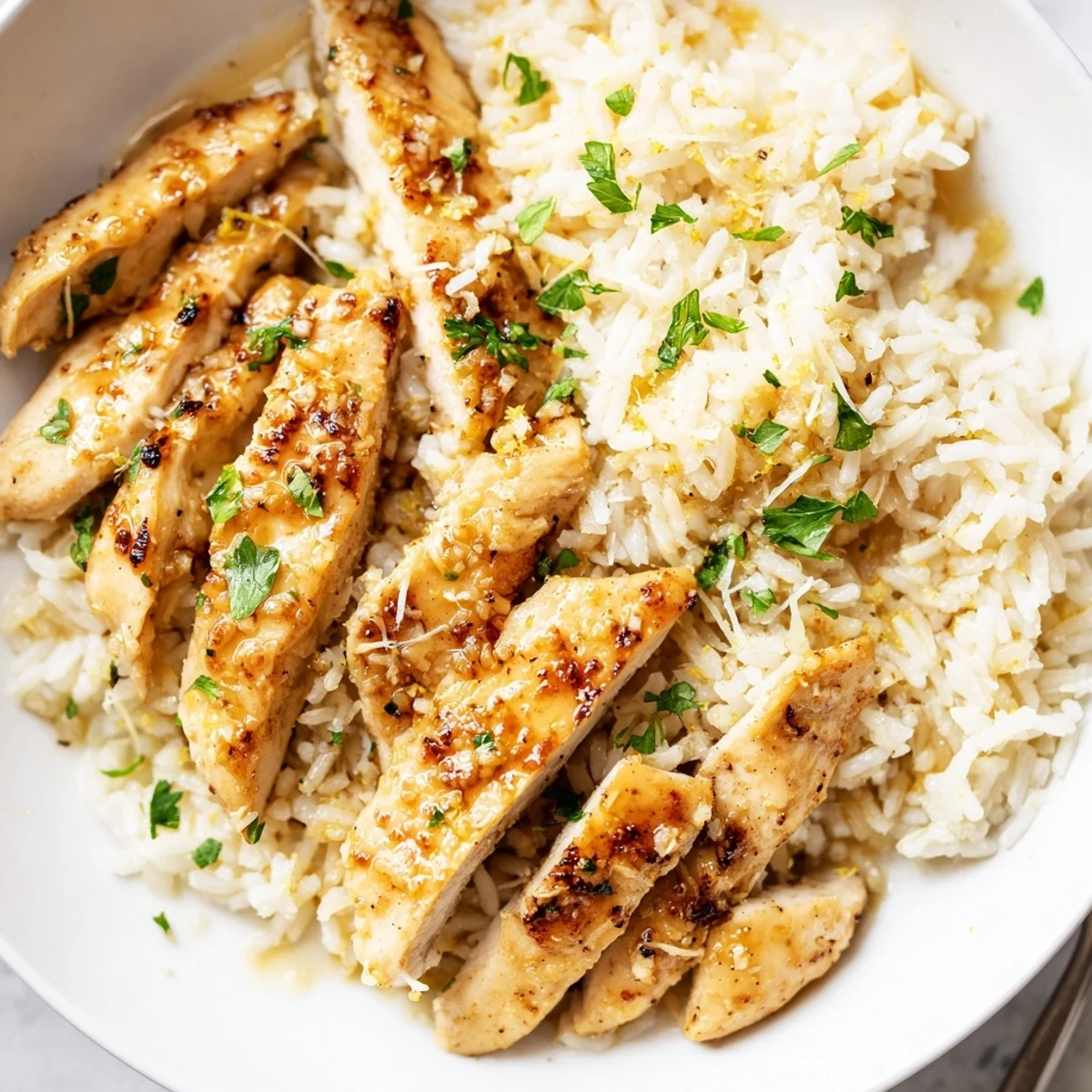 Tender seared chicken scampi served over creamy garlic parmesan rice with fresh parsley