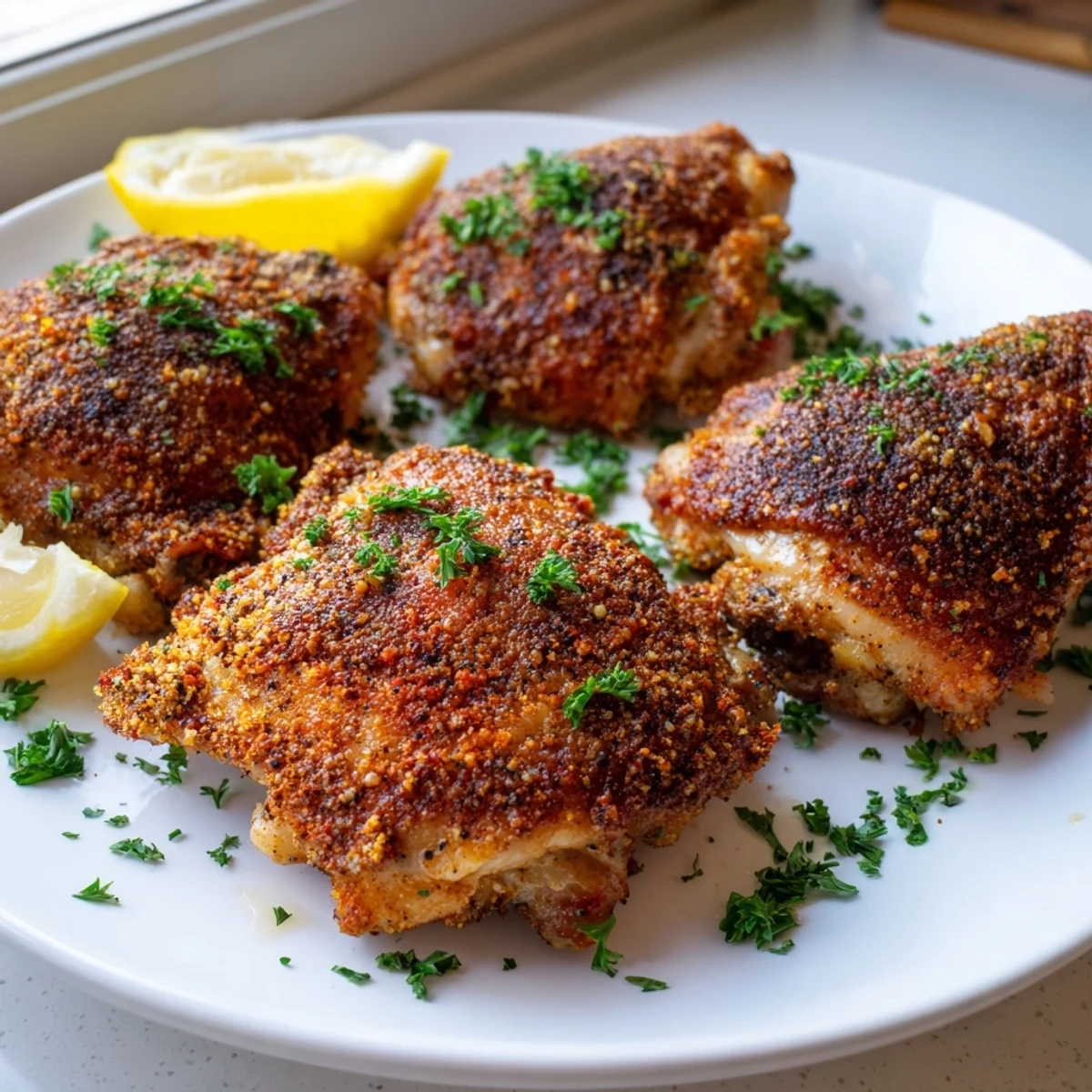 Crispy golden Old Bay chicken thighs roasted on a sheet pan with herbs