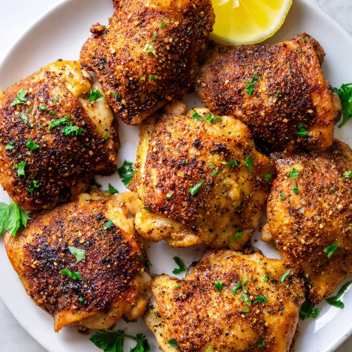 Juicy Old Bay chicken thighs with spice-crusted skin served alongside fresh lemon wedges