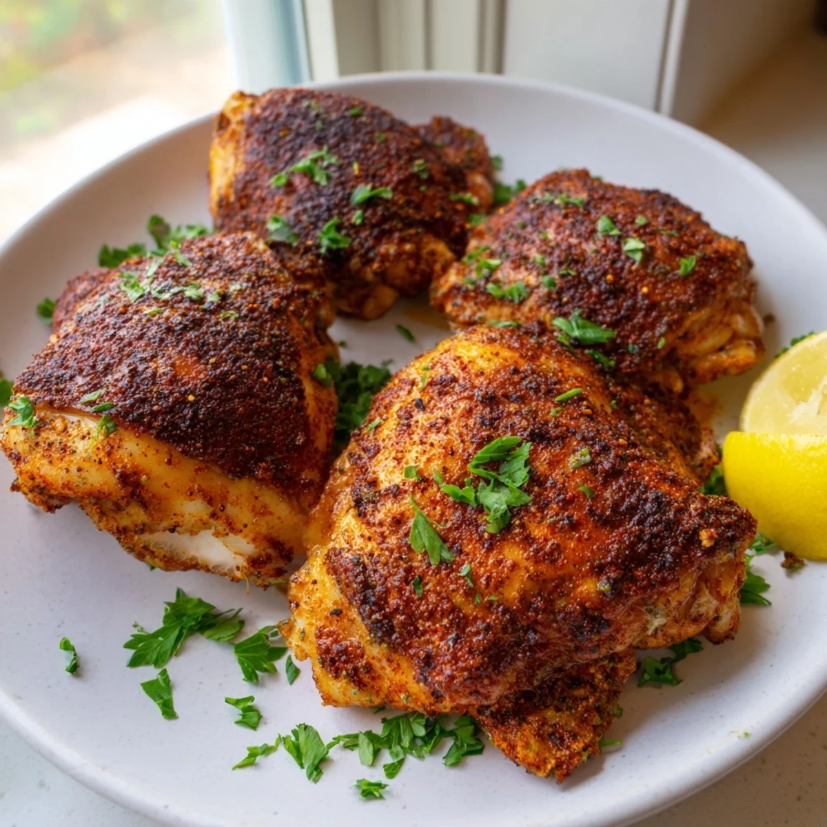 Perfectly roasted Old Bay chicken thighs glistening with seasoned oil on a parchment-lined baking sheet