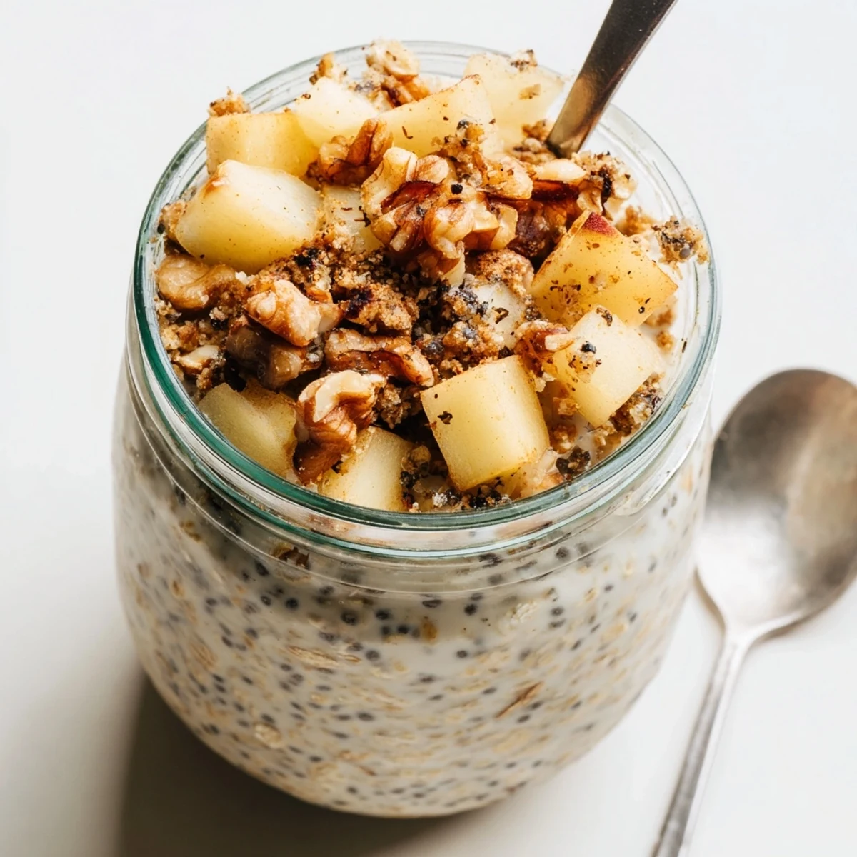 Apple Crumble Overnight Oats layered in a glass jar with cinnamon apple chunks and crunchy walnut topping