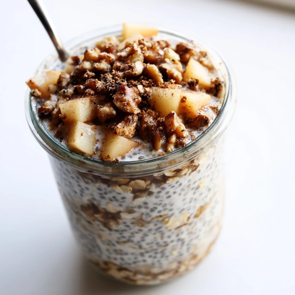 Creamy Apple Crumble Overnight Oats topped with spiced diced apples and a golden brown sugar crumble