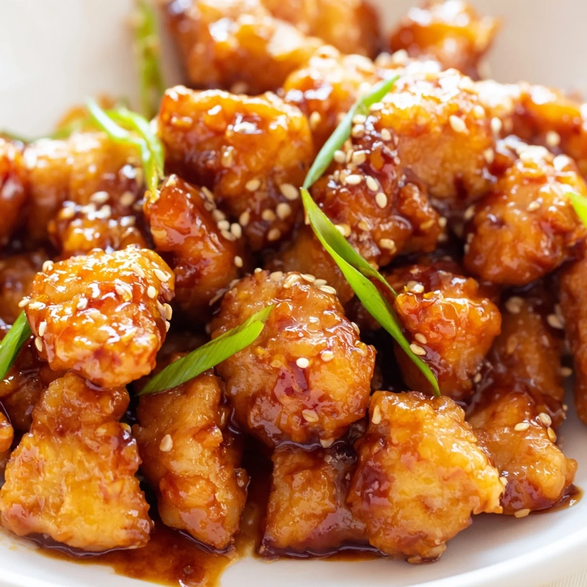 Golden baked orange chicken tossed in a glossy, caramelized orange reduction