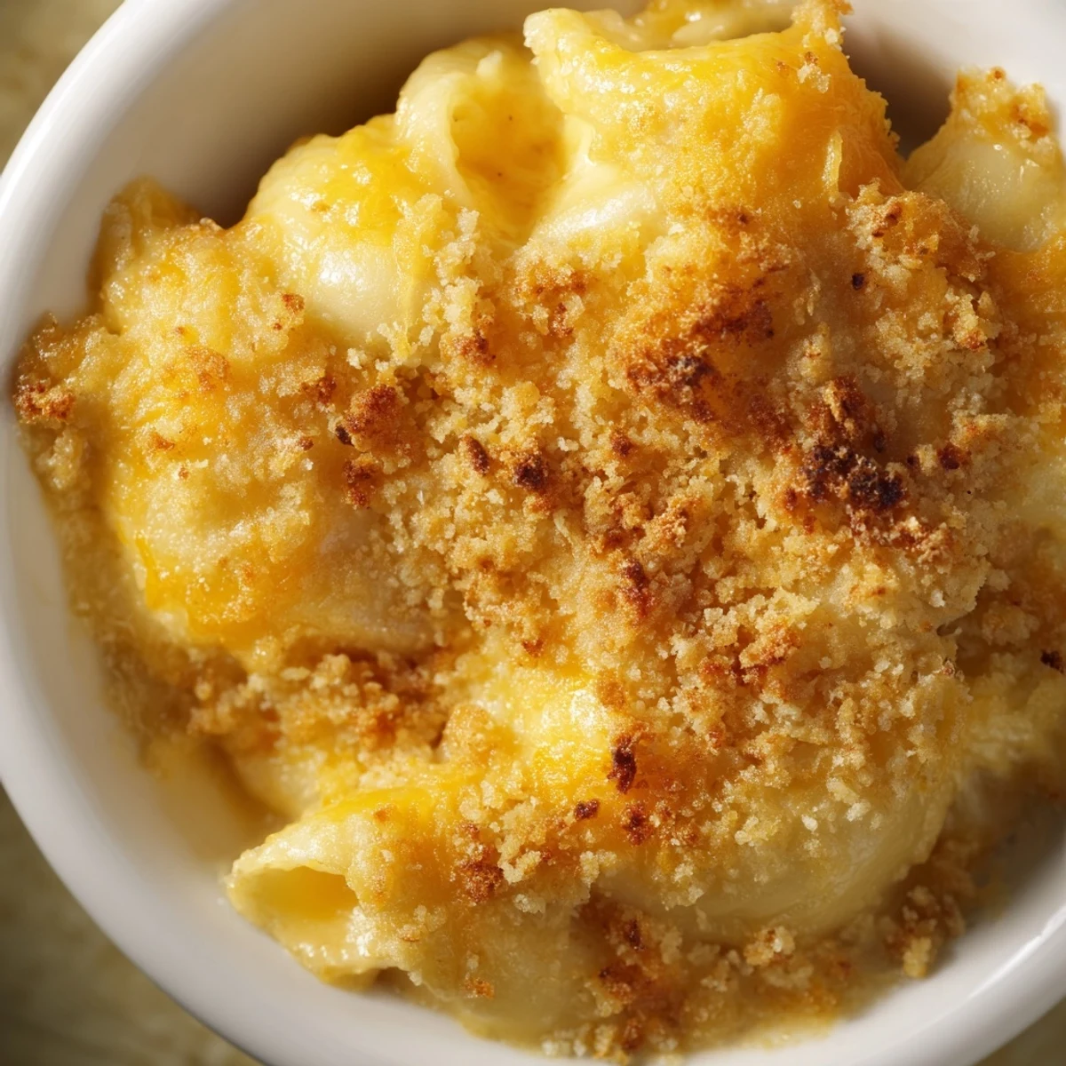 Creamy baked macaroni cheese with golden breadcrumb topping in a cast iron skillet