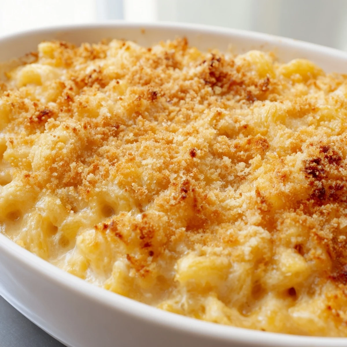 Steaming bowl of homemade macaroni cheese garnished with fresh cracked black pepper