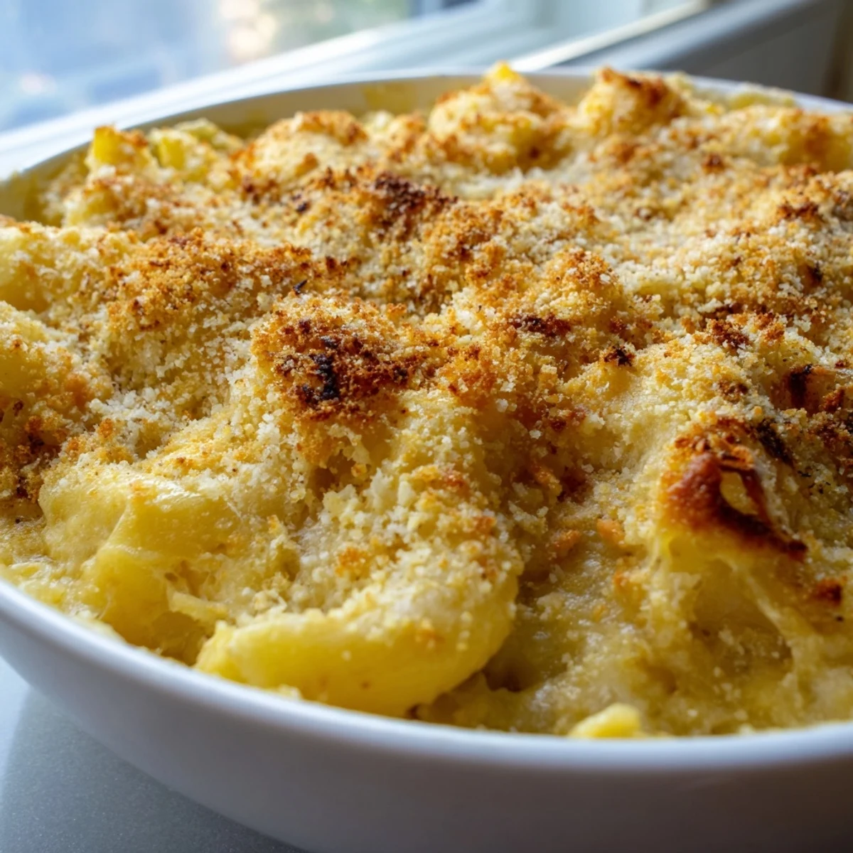 Bubbling macaroni cheese pulled straight from the oven with stretchy melted cheddar