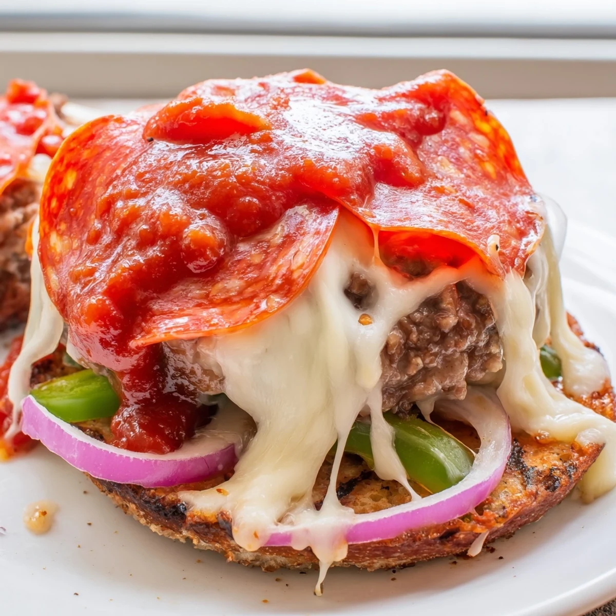 Crispy pepperoni-topped pizza burgers smothered in rich marinara sauce and fresh vegetables