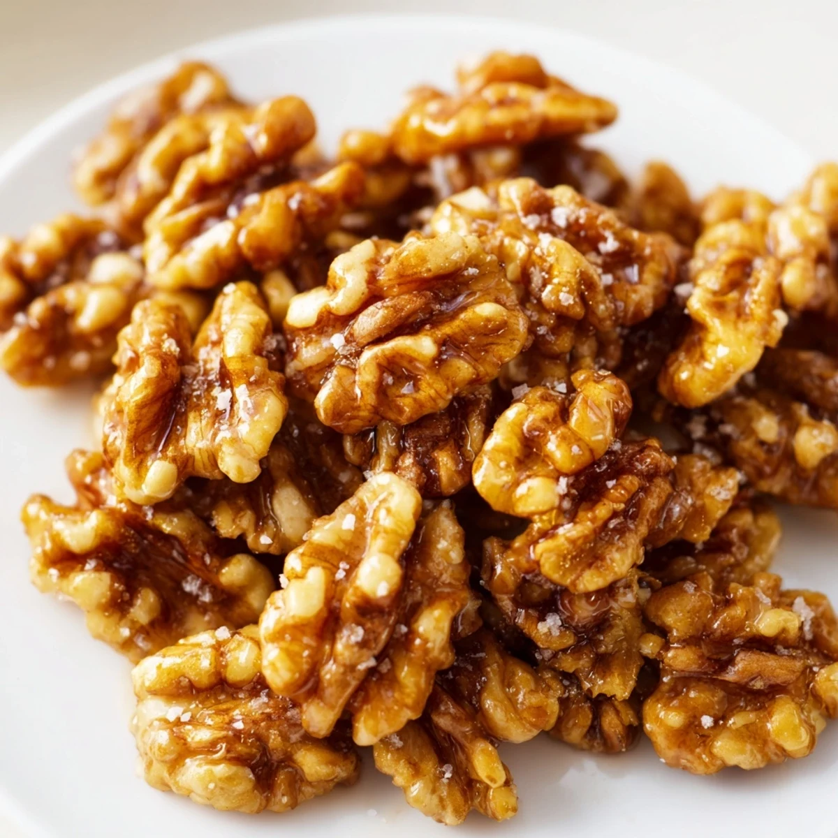 Glistening maple cinnamon walnuts cooling on a parchment-lined baking sheet