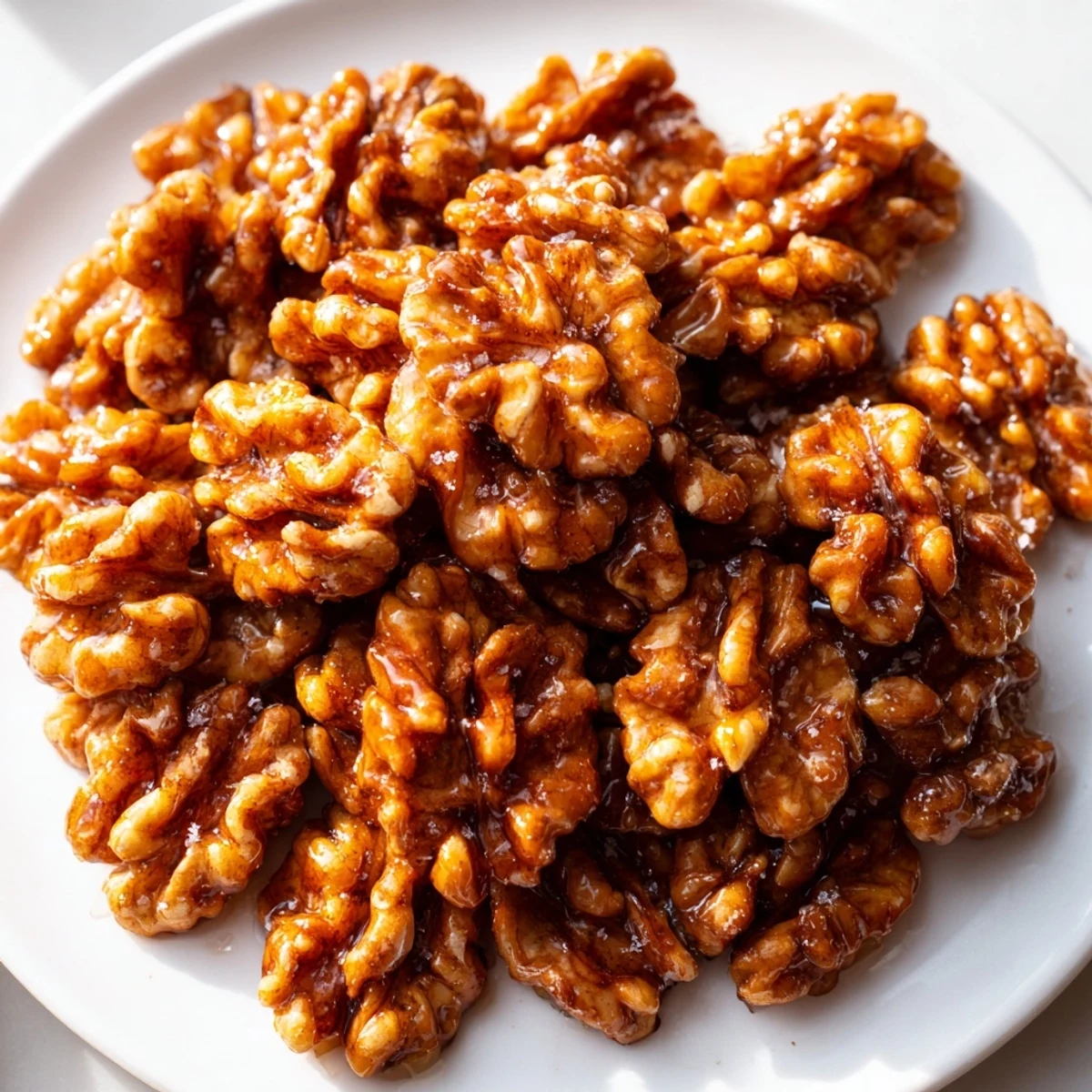 Golden maple cinnamon walnuts clustered together with a glossy caramelized coating