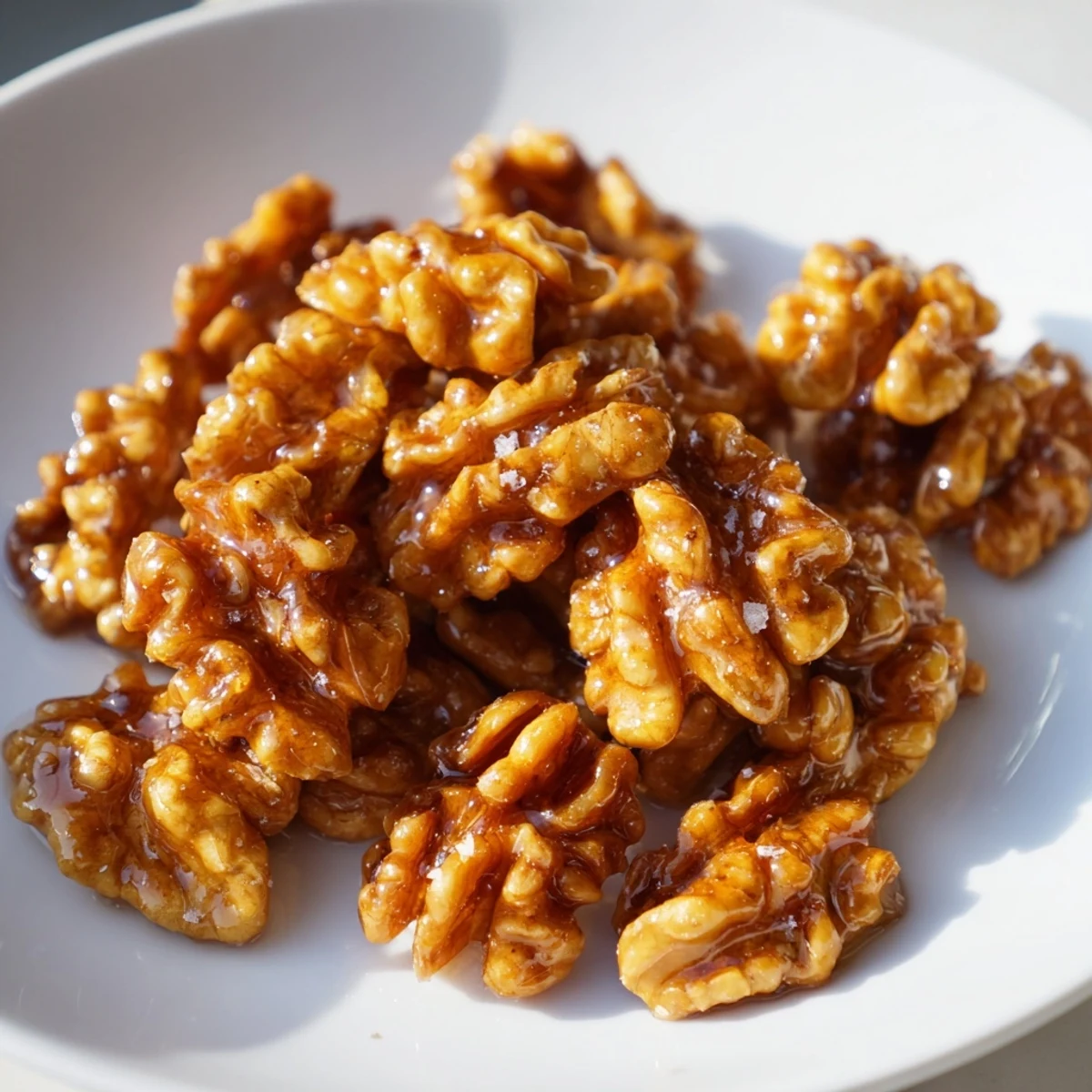 Warm maple cinnamon walnuts scattered in a rustic wooden serving bowl