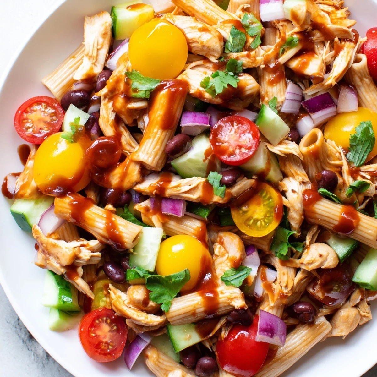 Colorful BBQ chicken pasta salad loaded with smoky diced chicken and fresh garden vegetables