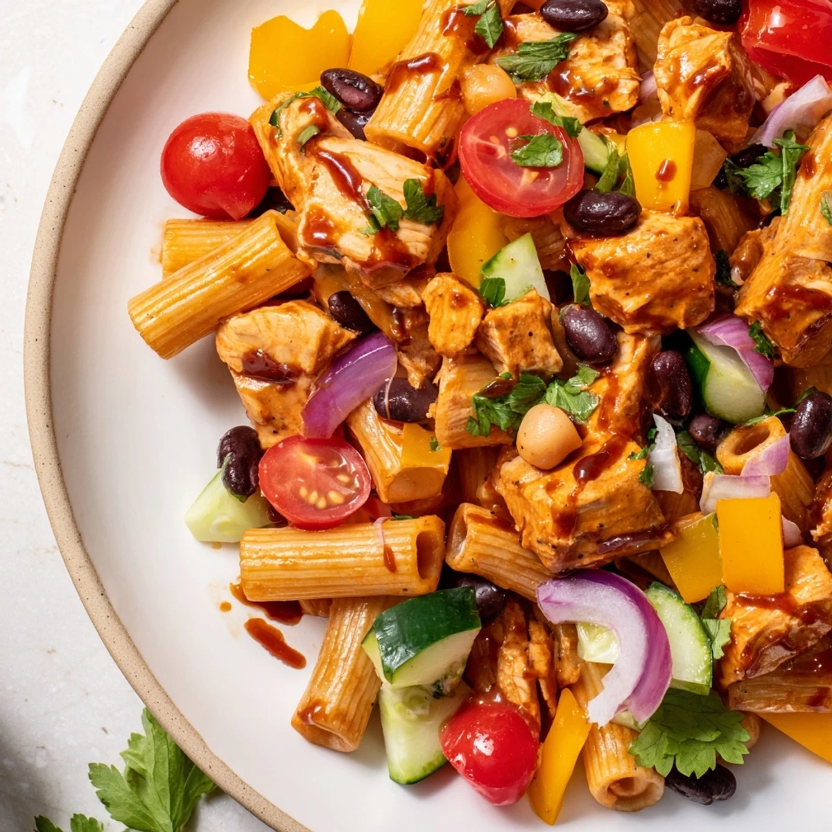 Creamy high protein BBQ chicken pasta salad served in a rustic white bowl