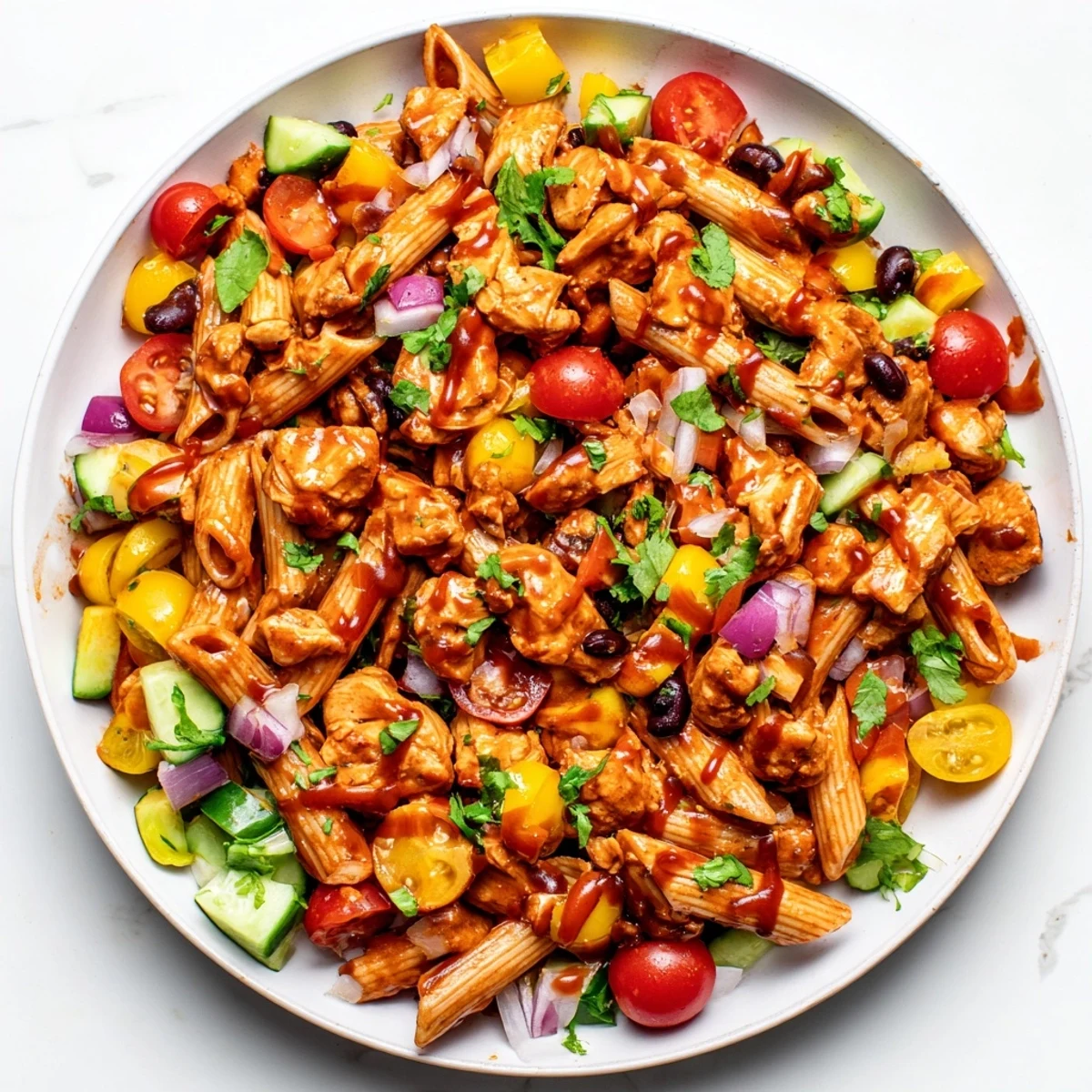 Zesty BBQ chicken pasta salad featuring tender glazed chicken vibrant peppers and tangy yogurt dressing