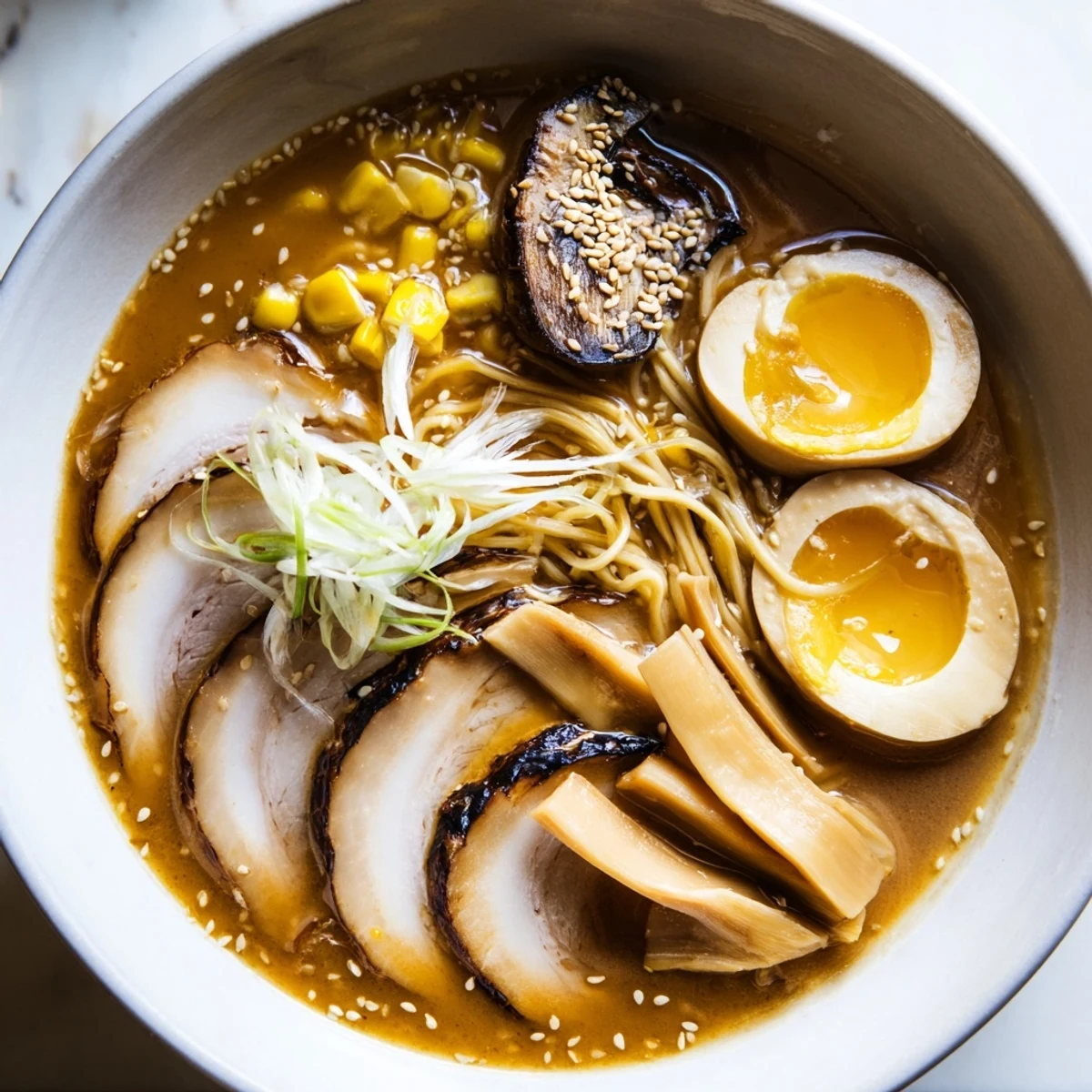 Steaming bowl of homemade ramen topped with soft-boiled eggs and sliced pork belly