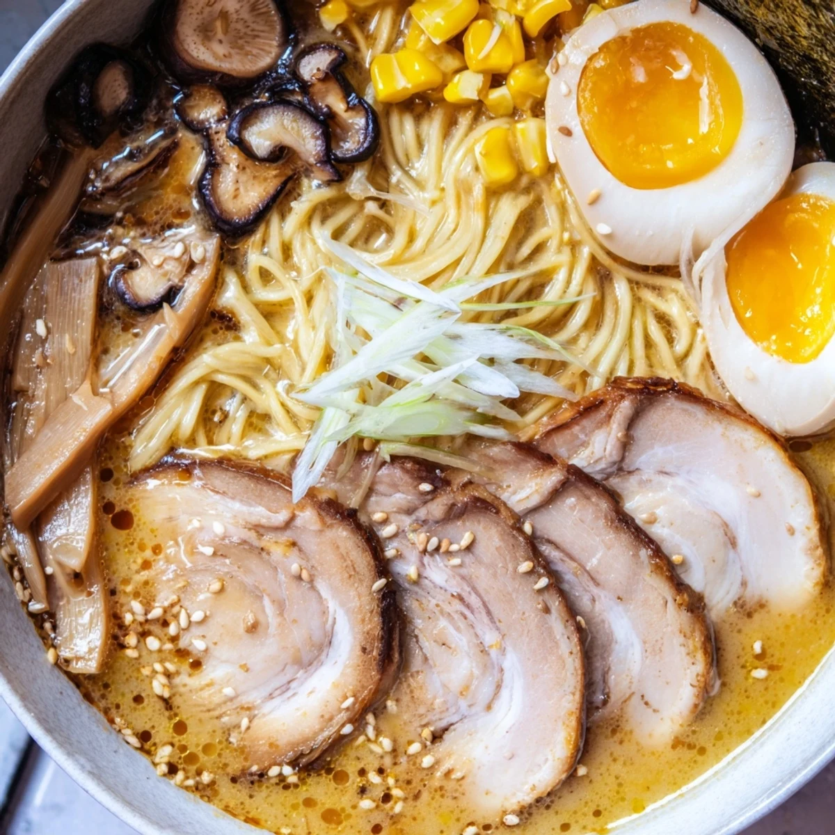Rich miso ramen in a deep white bowl garnished with fresh scallions and nori