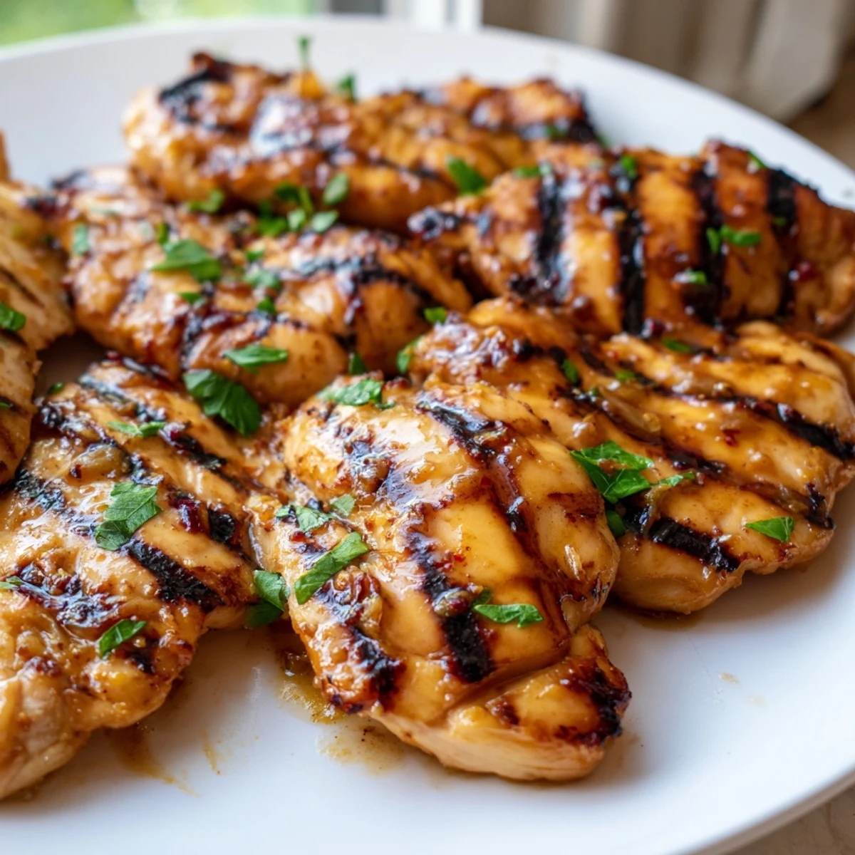 Golden grilled honey mustard chicken with charred marks resting on a rustic wooden cutting board.