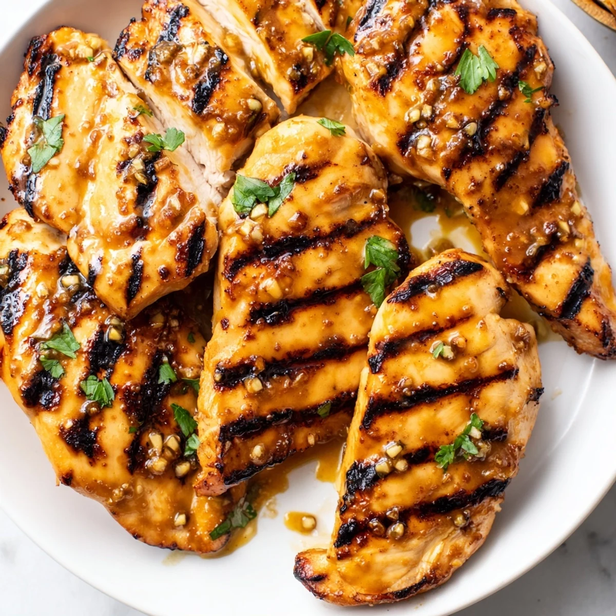 Juicy grilled honey mustard chicken thighs brushed with glistening honey mustard sauce on a white platter.