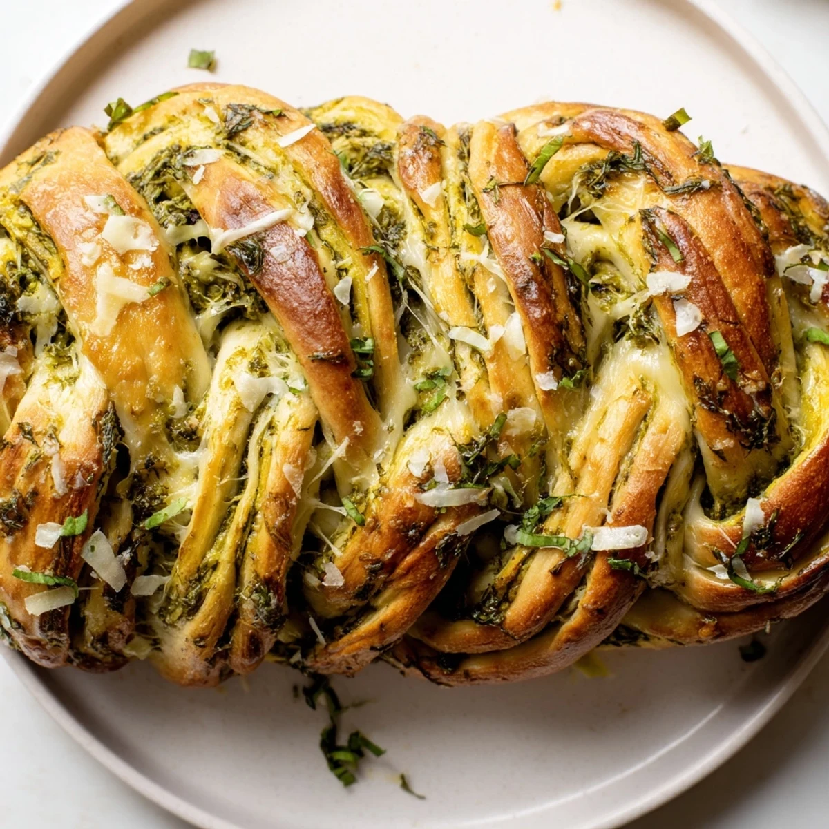 Golden braided pesto bread with melted mozzarella and parmesan fresh from the oven
