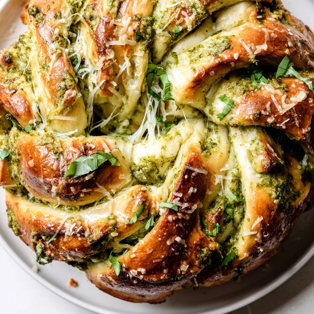Crusty Italian-inspired braided pesto bread topped with butter and fresh basil leaves on a wooden board