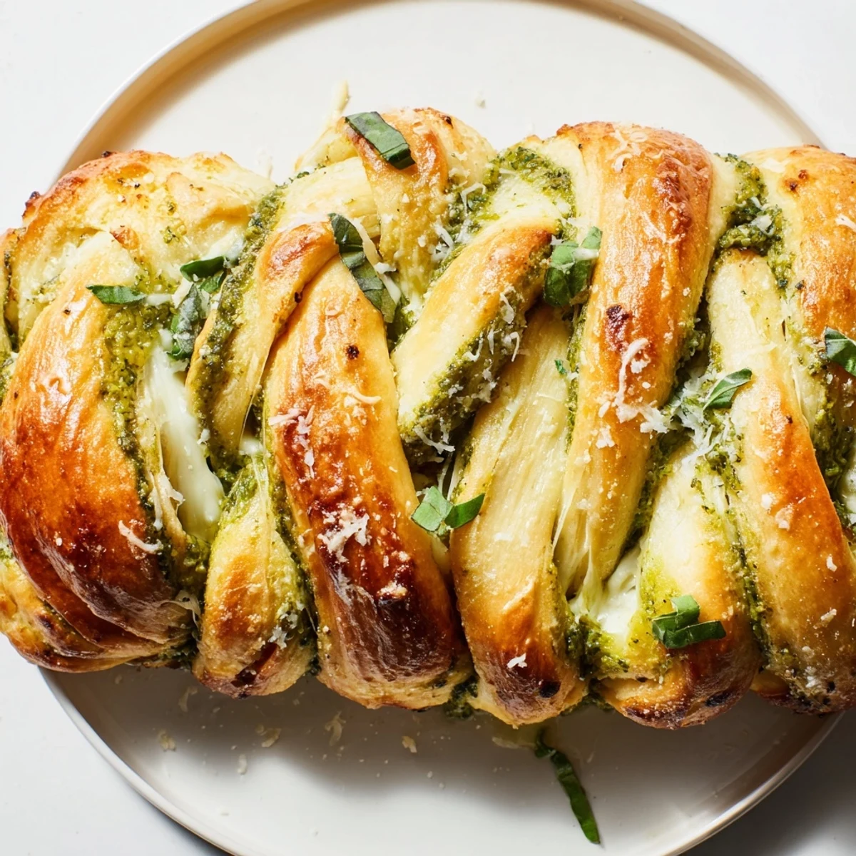 Warm cheesy braided pesto bread sliced open revealing stretchy mozzarella and basil filling