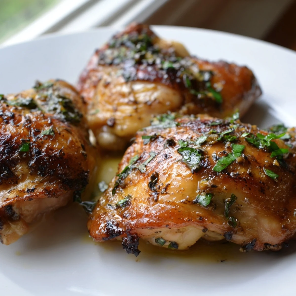 Golden Cuban Mojo Chicken Thighs roasted crisp with fragrant garlic and citrus glaze