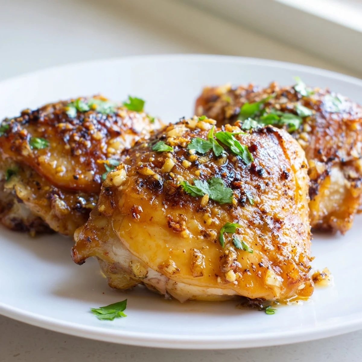 Juicy Cuban Mojo Chicken Thighs garnished with fresh cilantro and lime wedges
