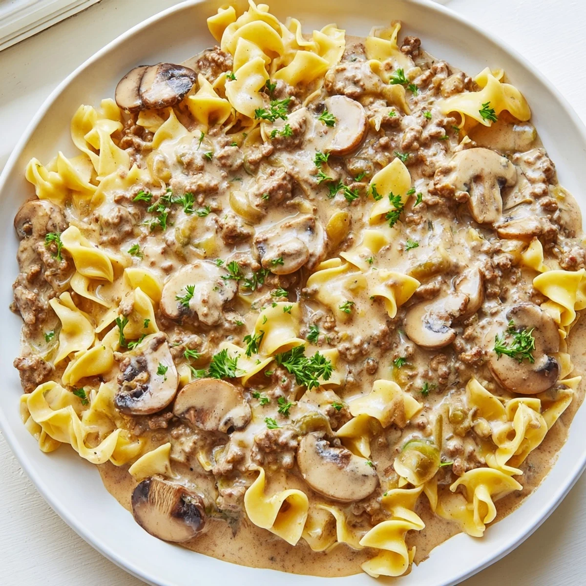 Hearty hamburger stroganoff topped with savory ground beef mushrooms and tangy sour cream