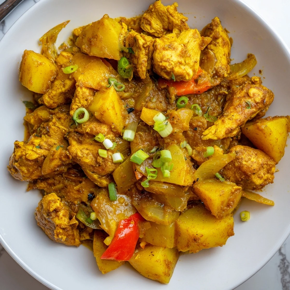 Authentic Jamaican curry chicken simmering in a rich golden sauce with tender potatoes and fresh thyme
