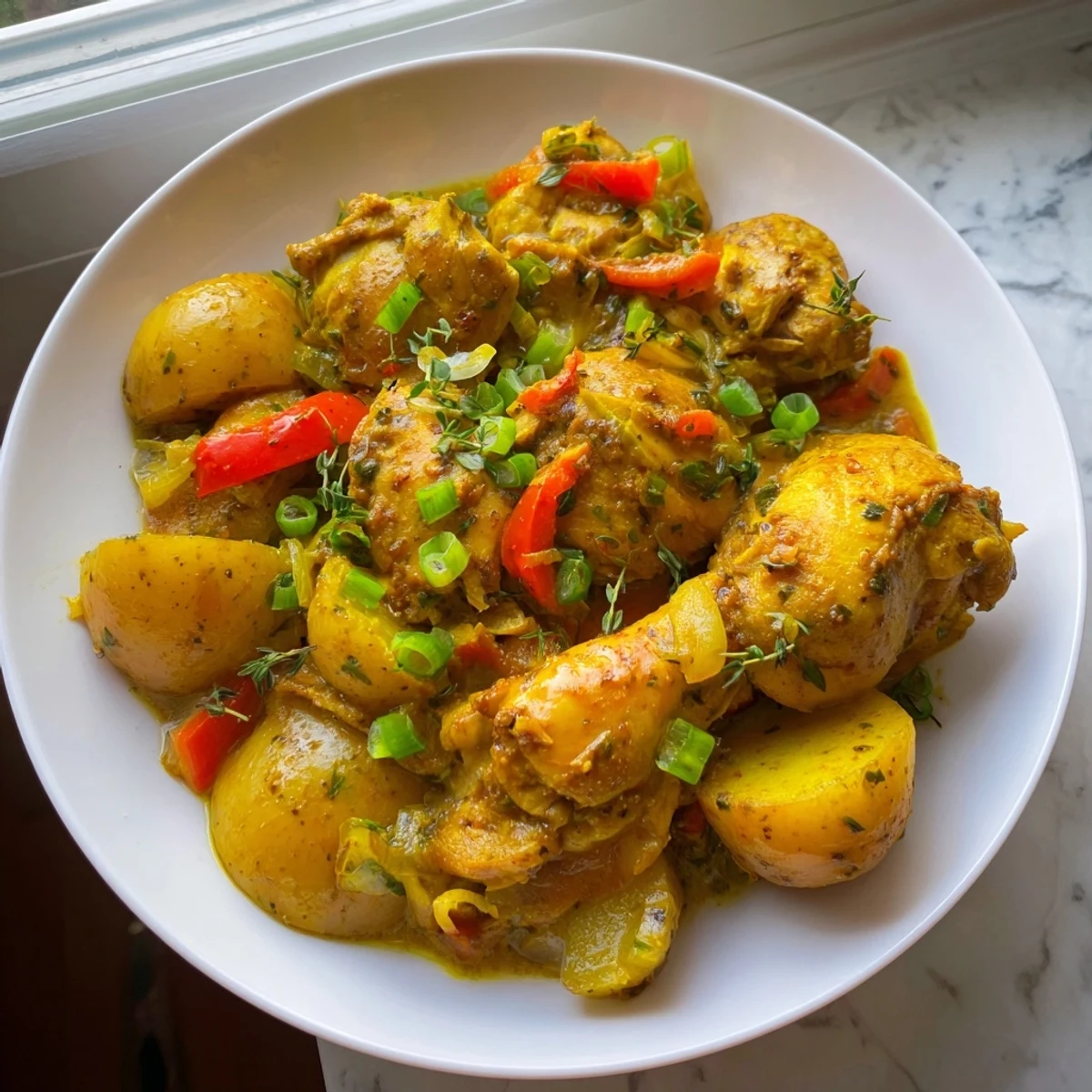 Steaming bowl of authentic Jamaican curry chicken served over fluffy white rice with scallions