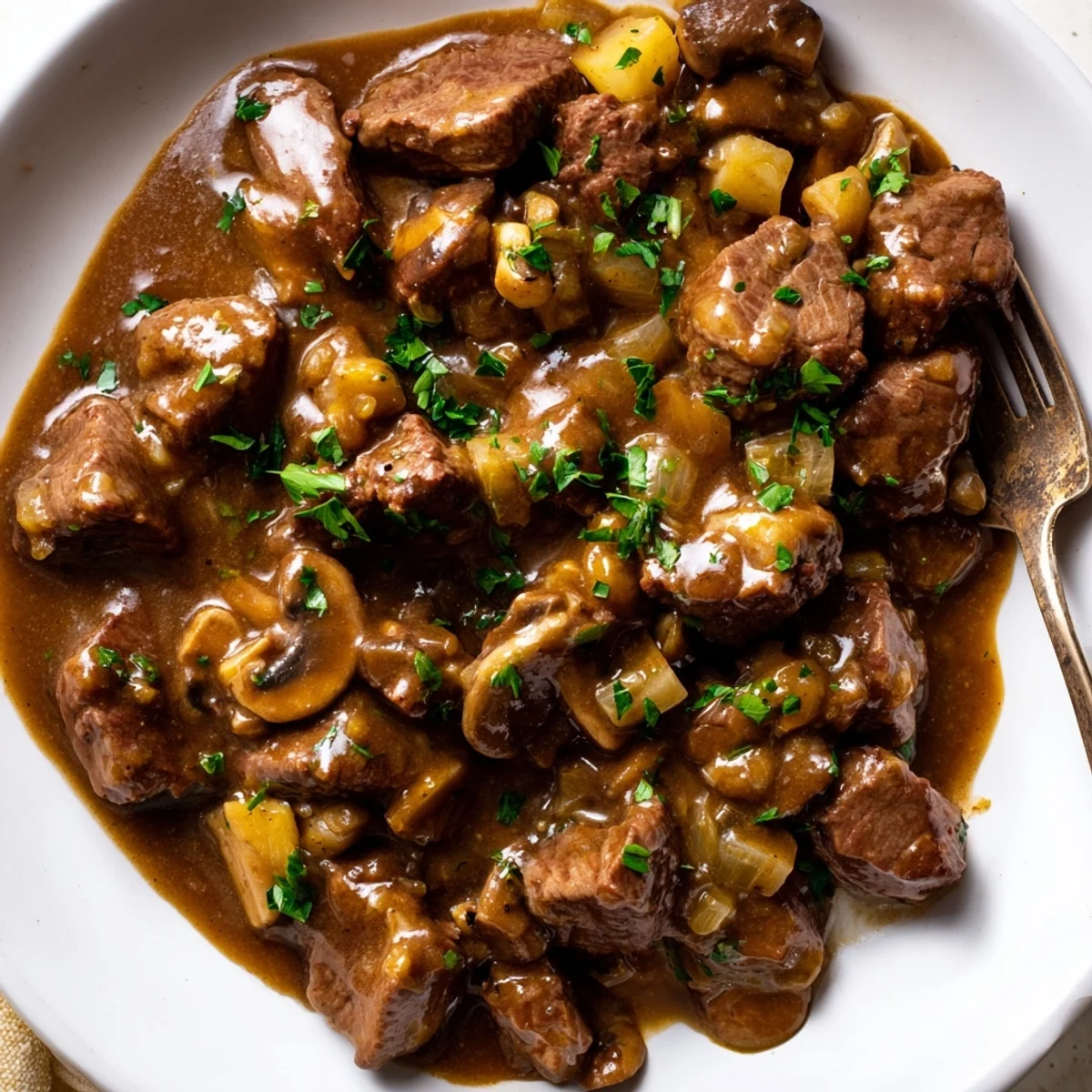 Tender weeknight steak tips and gravy smothered over creamy mashed potatoes