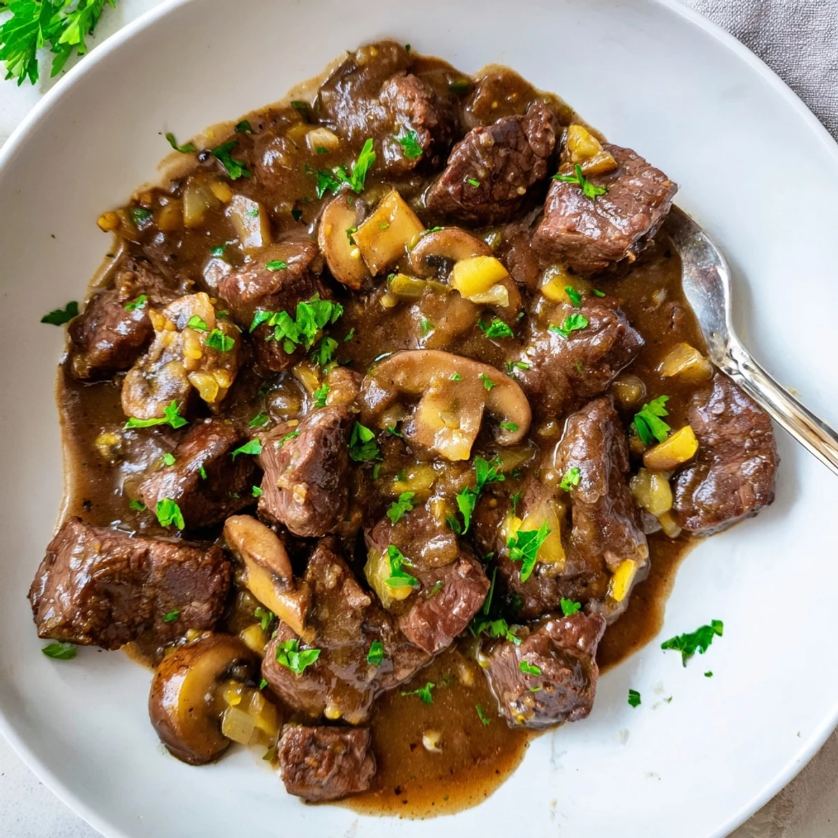 Juicy beef chunks in rich brown gravy, a classic weeknight steak tips dinner