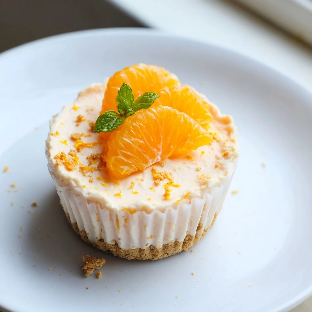 Creamy mini no bake orange cheesecakes topped with fresh orange segments and mint