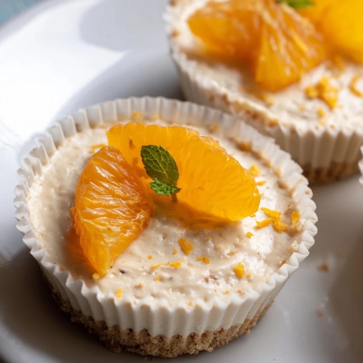 Tangy mini no bake orange cheesecakes nestled in paper liners with golden graham cracker crusts