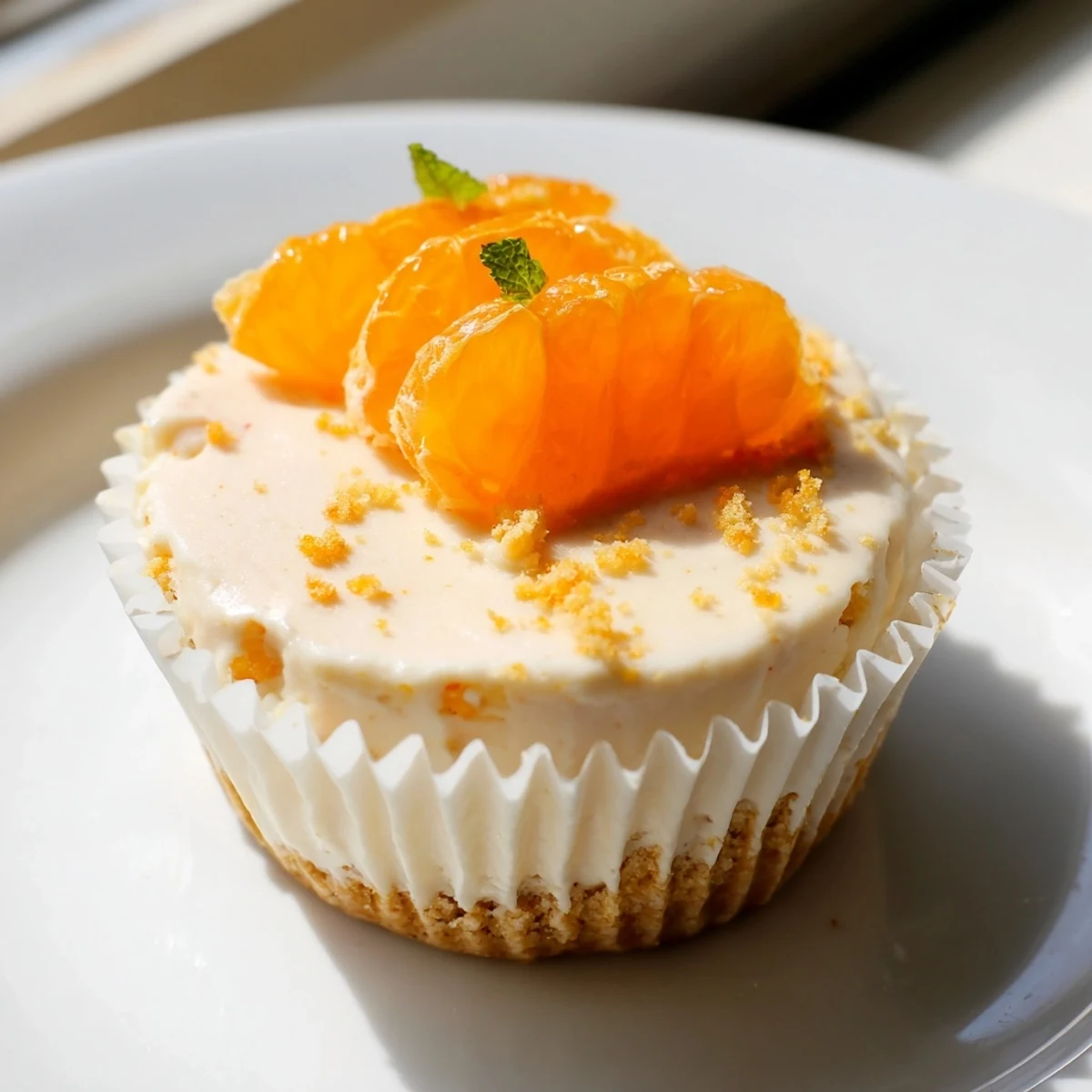 Silky mini no bake orange cheesecakes piped high and garnished with bright citrus zest