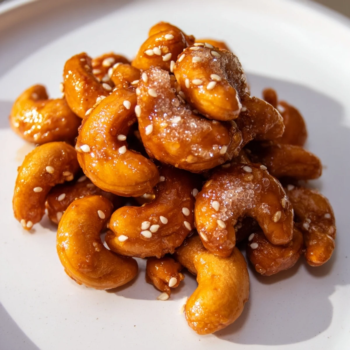 Golden honey sesame cashews glistening with a sweet sticky glaze on parchment paper