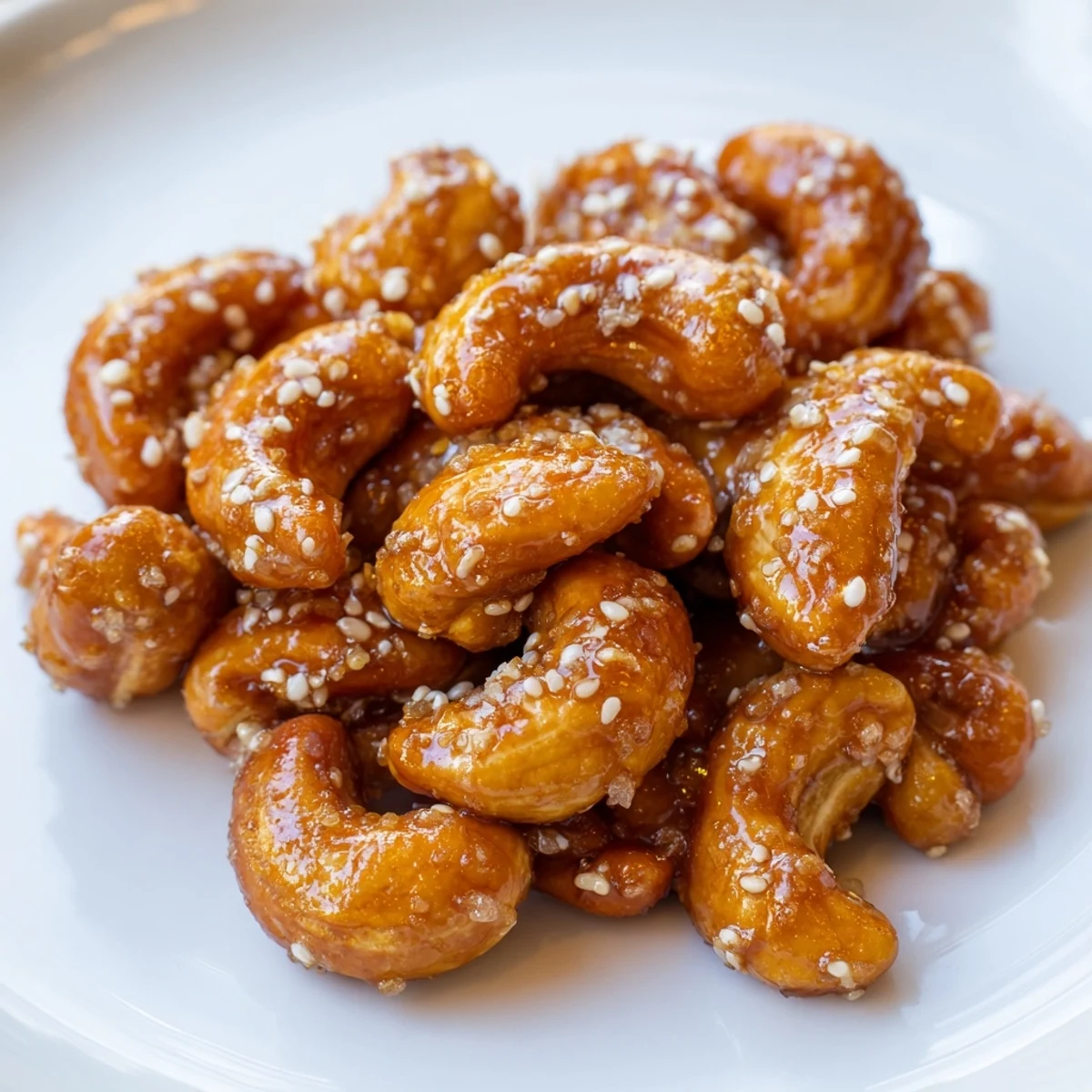 Crunchy honey sesame cashews scattered with toasted seeds in a rustic bowl